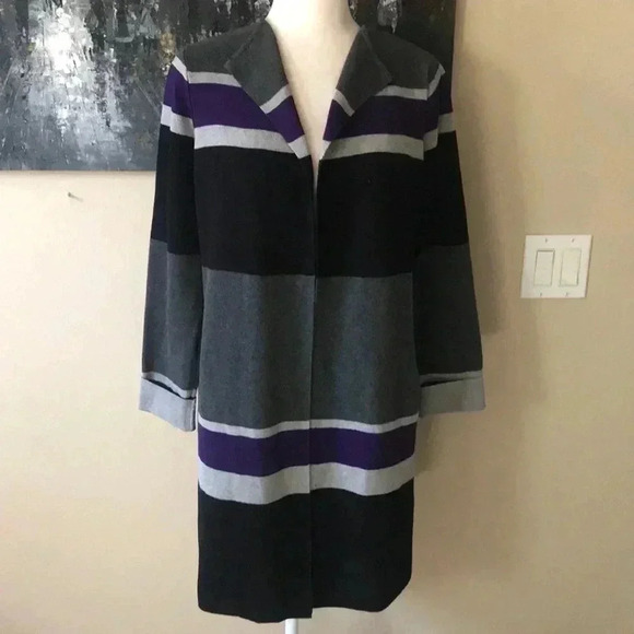 Calvin Klein Open Front Color Block Cotton Blend Striped Long Cardigan- Size MP - Picture 1 of 9